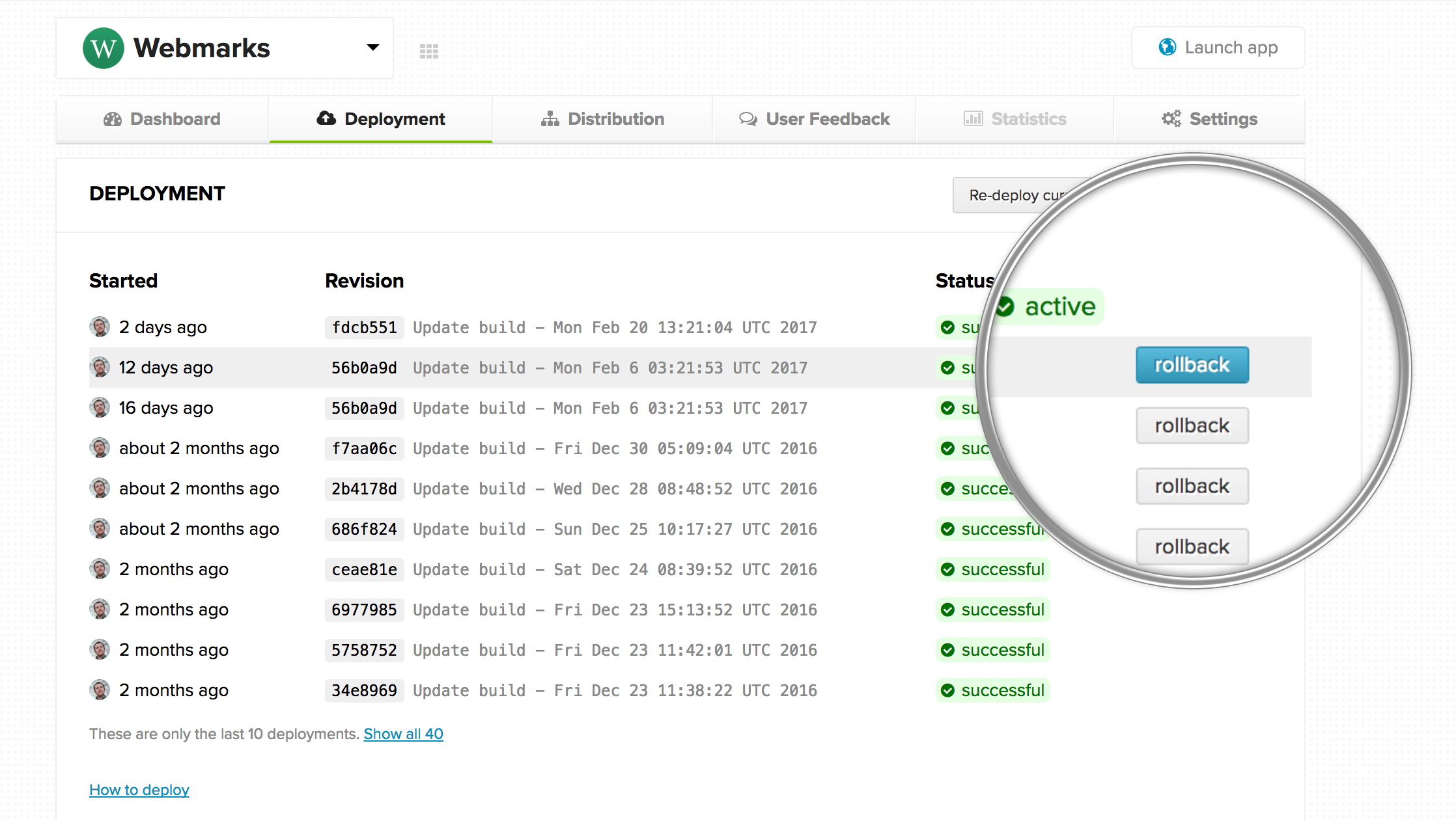 Screenshot of deployment rollbacks